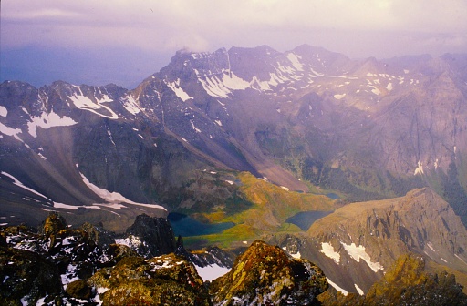 Beautiful scenery greets climbers on Redcloud and Sunshine Peaks San Juan Mountains Colorado in 1987