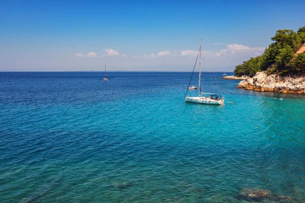 Utterly mesmerising view from the beautiful crystal clear Saliara (Marble) beach on a Greek island, Thassos