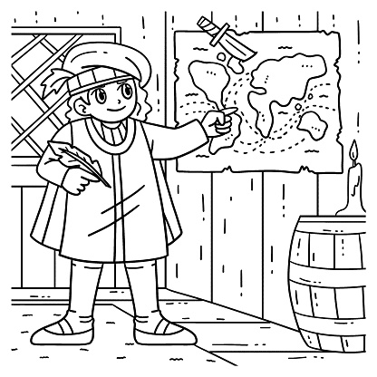 A cute and funny coloring page of a Columbus Day Man Charting Map. Provides hours of coloring fun for children. To color, this page is very easy. Suitable for little kids and toddlers.
