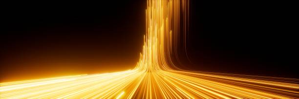 istock 3d render. Abstract background of yellow neon lines ascending. Modern digital wallpaper. Streaming power 2149174348