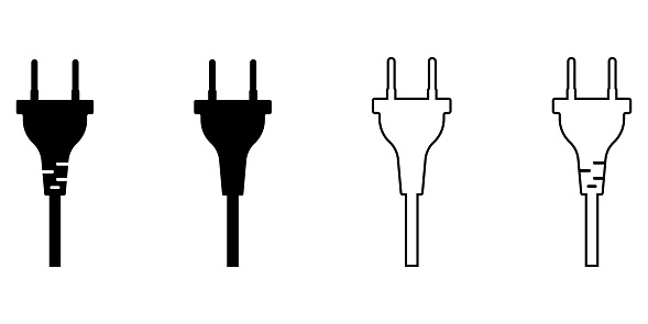 This image displays a set of vector electric plug flat icons, featuring a flat symbol of an electrical plug with a cable wire in black on a white background. The style is simple glyph pictogram, commonly used to represent electrical connections.