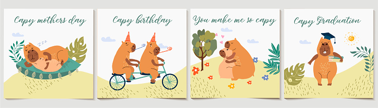 Postcards with copybars for mother day or birthday and student graduation ceremony. Positive copybars in image of mom hugging child and friends on bicycle or student with textbooks