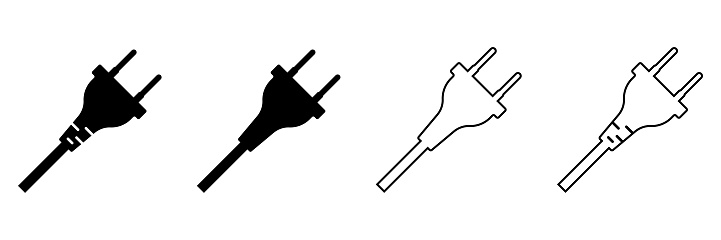 This image presents a set of vector electric plug flat icons. Each icon features a flat symbol of an electrical plug with a cable wire in black, displayed on a white background. The style is characterized by simple glyph pictograms.