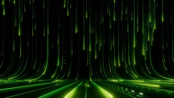 istock 3d rendering. Abstract digital wallpaper. Green neon lines over the black background, particles falling down with glowing tails 2149174502