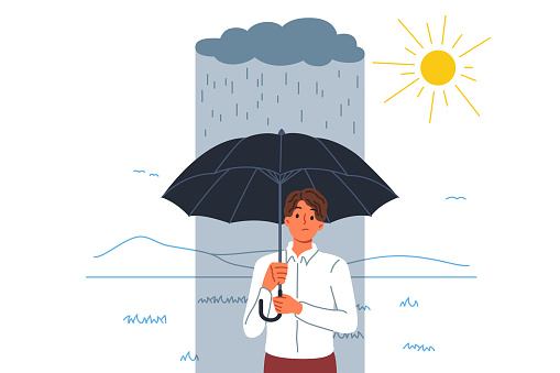 Failure and misfire haunt man standing with umbrella in rain, located in sunny area. Failure negatively affect mood of guy in business clothes, upset due to lack of luck and fortune.