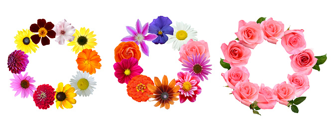 Garland of colorful seasonal flowers isolated white