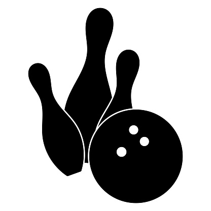 This image illustrates a bowling vector icon, portraying bowling pins or skittles with a ball. It symbolizes the sport, game tournaments, and club activities related to bowling. The icon is depicted as a black silhouette, creating a solid logo illustration.