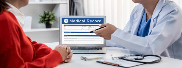 istock Laptop display medical report on blurred doctor office. Rigid 2149176183