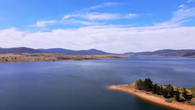 Picturesque Lake Jindabyne At The Edge of the Snowy Mountains In New South Wales, Australia. Aerial Drone Shot