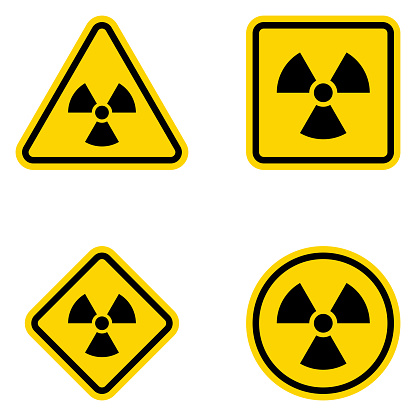 This image features the ISO 361 international ionizing radiation trefoil symbol as a part of a set of radioactive contamination icons. It represents the yellow warning sign of radiation danger and is depicted as a nuclear symbol in vector illustration format.