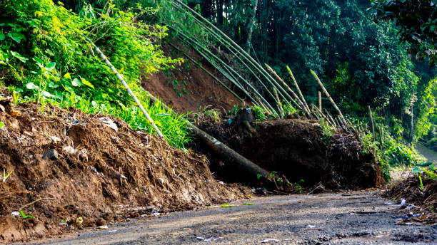 istock The land on the hill collapsed and covered the highway 2149176660