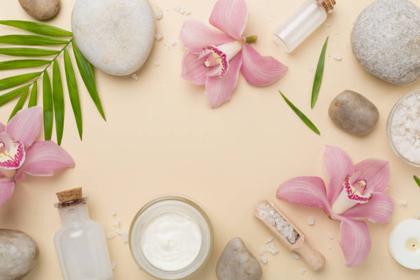 istock Composition with orchids, spa products on color background, top view 2149177060