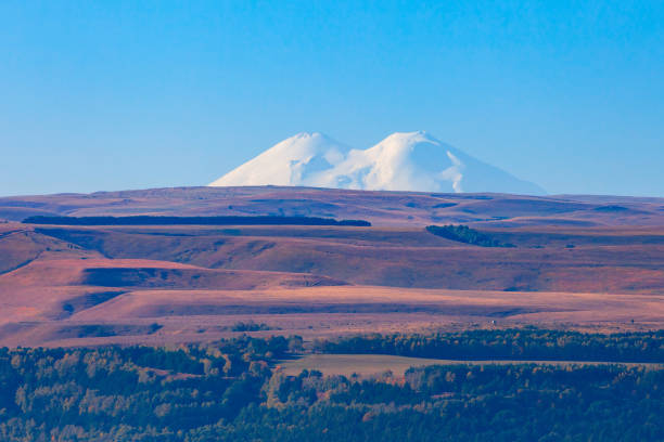 Elbrus view from Kislovodsk National Park. Mount Elbrus is the highest and most prominent mountain peak in Russia and Europe.