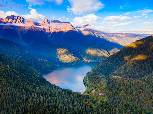 istock Lake Ritsa aerial panoramic view, Abkhazia 2149177136
