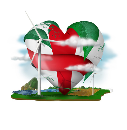 a heart with the England flag, ecological, environmental and renewable energies
