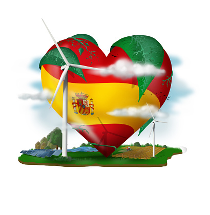 a heart with the Spain flag, ecological, environmental and renewable energies