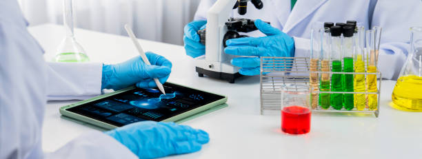 istock Innovative medical biotechnology software with lab researcher. Rigid 2149177360