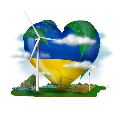 a heart with the Ukraine flag, ecological, environmental and renewable energies