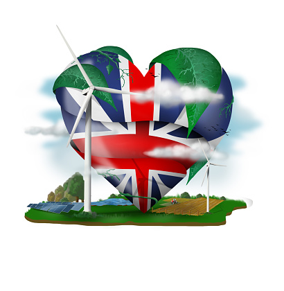a heart with the United Kingdom flag, ecological, environmental and renewable energies