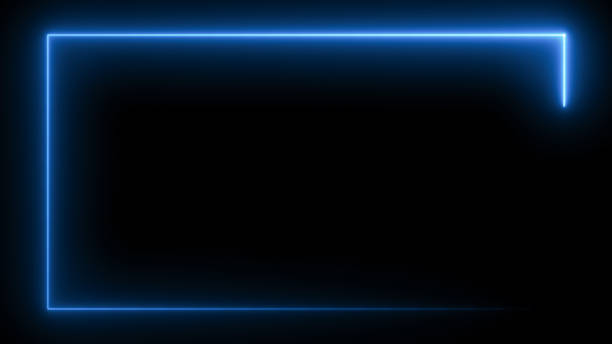 istock Abstract blue neon glowing line frame, animated moving led light screen box projection 3d rendering, empty space border presentation design background, futuristic cyberspace laser sprectrum backdrop 2149179017