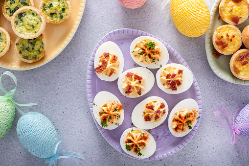 Easter brunch appetizers deviled eggs and mini quiches, Easter recipe ideas