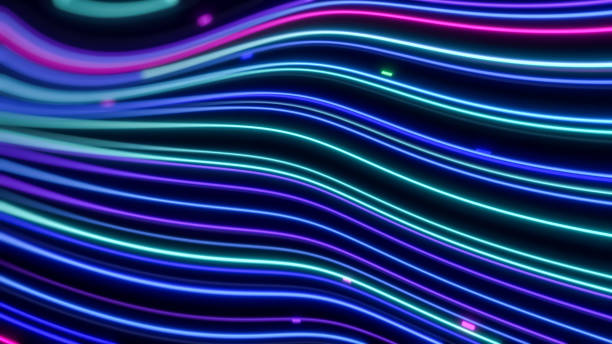istock Vibrant neon futuristic stream line of data, Digital internet information flow technology background, creative abstract glowing particle trail curve speed surface 3d rendering 2149179175
