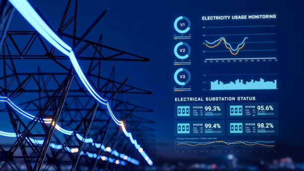 istock Electric transmission tower with glowing electricity flowing, electrical power transmit from high voltage substation infrastructure to city, energy usage monitoring dashboard interface 3d rendering 2149179192
