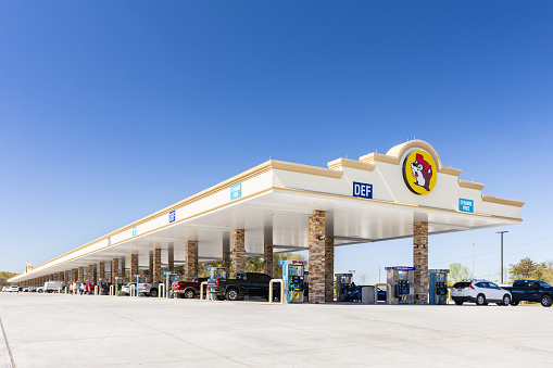 Sevierville, TN, USA - April 13, 2024: Buc-ee's is a chain of country stores and gas stations with a large amount of gas pumps, food, branded merchandise, and clean restrooms.