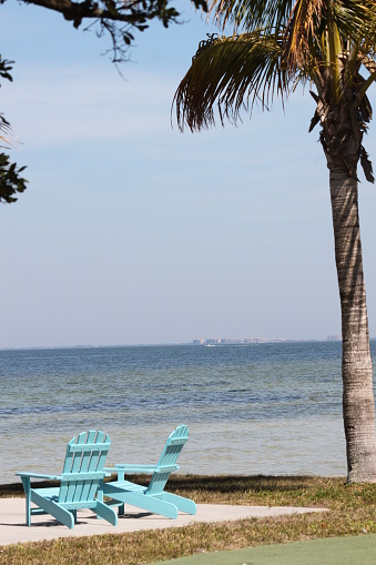 Beach Adirondack Chair on the Gulf coast in Pine Island, Florida with palm trees.