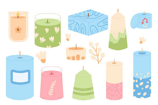 Candles different shapes set. Wax, soy, paraffin candles. Aroma spa accessories for relax collection. Home decor items. Vector flat illustration.