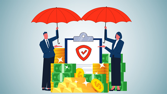 Business Finance or Savings Insurance, Wealth Security and Protection, Business Insurance Services, Income Protection, Businessmen and Businesswomen with Umbrellas to Provide Protection for a Pile of Wealth