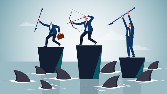 Problem solving and troubleshooting, wrestling with setbacks and risks, determination and courage to overcome obstacles and succeed, businessmen standing on rocks in the ocean with bows and arrows and spears against sharks