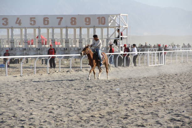 Xinjiang Province, China - 09/20/2011: Horse(s) running in a free race on a sand track in Xinjiang province in northern China; a province that has a long history of horse breeding and horse riding.