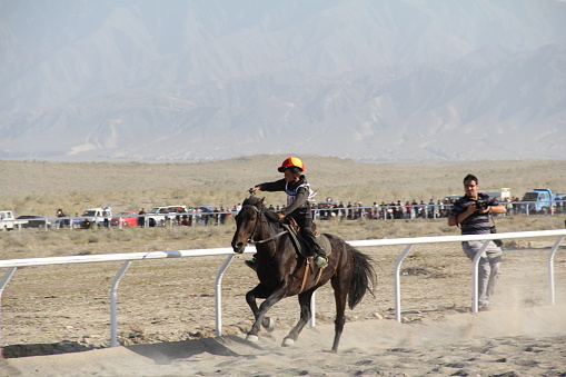 Xinjiang Province, China - 09/20/2011: Horse(s) running in a free race on a sand track in Xinjiang province in northern China; a province that has a long history of horse breeding and horse riding.