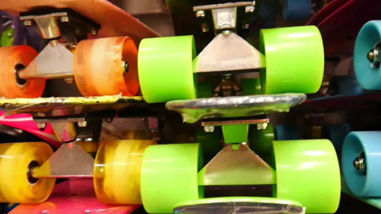 Close-up of many colorful skateboards in a skate shop
