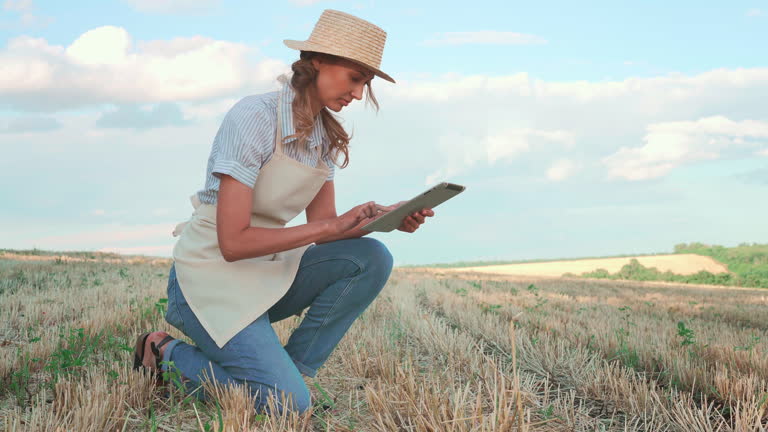 Woman farmer in straw hat using digital tablet in agricultural field