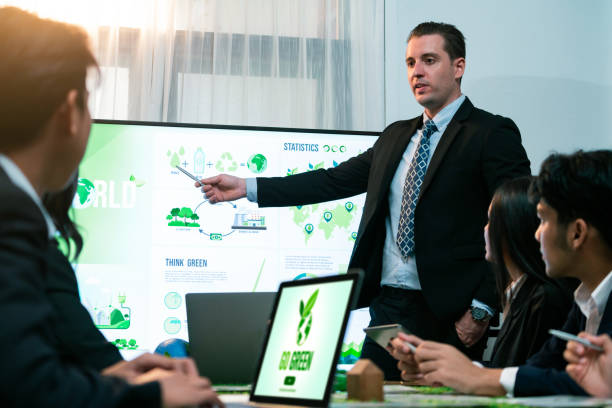 istock Businessman leader give presentation on eco-friendly implementation. Quaint 2149186246