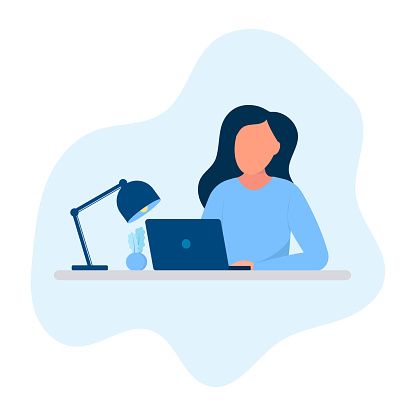 Girl working on laptop - vector illustration. Working from home and freelance concept.