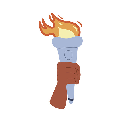 Torches with burning flame in hand. Symbol of sport, victory and champion competition holding human arm. Vector flat illustration isolated on white background.