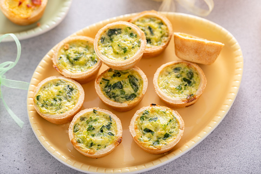Mini quiches with spinach , ideas for Easter brunch or breakfast