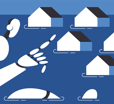Natural disaster scene of catastrophic flood with flooded buildings. AI Safe House. Flat vector illustration.