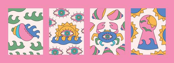 Summer groovy bright cartoon cards set. Trippy colorful simple designs for t-shirt prints, posters, wall arts. Summer groovy bright cartoon cards set. Trippy colorful simple designs for t-shirt prints, posters, wall arts rainbow crab stock illustrations