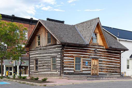 Carleton Place, Canada - August 13 2023: Old wooden building. Carleton Place Chamber of Commerce and Visitor Centre