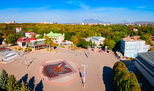 Central fountain aerial view at Theatre or Teatralnaya Square near Kurortny park in Yessentuki, a spa city in Caucasian Mineral Waters region, Stavropol Krai in Russia
