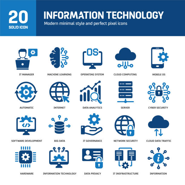 ilustrações de stock, clip art, desenhos animados e ícones de information technology glyph solid icons. containing computing, server, os, internet, network, security solid icons collection. vector illustration. for website design, logo, app, template, ui, etc. - base de dados