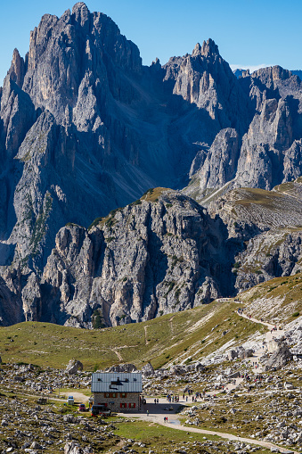 Dramatic jagged peaks of Tre Cime di Lavaredo in the Dolomites Italy - Italian Alps