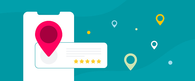 Local SEO strategy for small businesses. Local search listings with map and ratings. Customer satisfaction and growth by managing reviews and complaints effectively. Vector horizontal illustration.