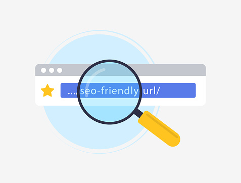 Create SEO-friendly URLs using relevant keywords and hyphens for readability. Avoid special characters and keep URLs concise for better search engine ranking. Isolated vector illustration with icons.