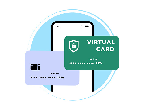 Virtual debit card - secure payments online and abroad. Instantly generated 16-digit card numbers for safe transactions, protecting financial. Temporary or anonymous card number. Isolated vector icon.