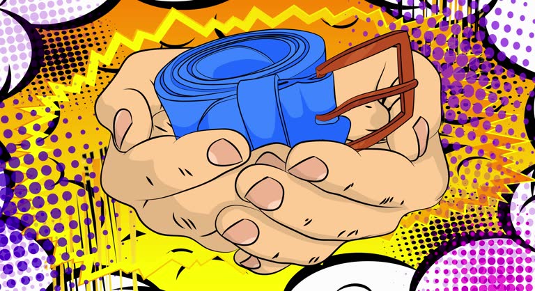 Cartoon, comic book human hands holding Men's Belts.